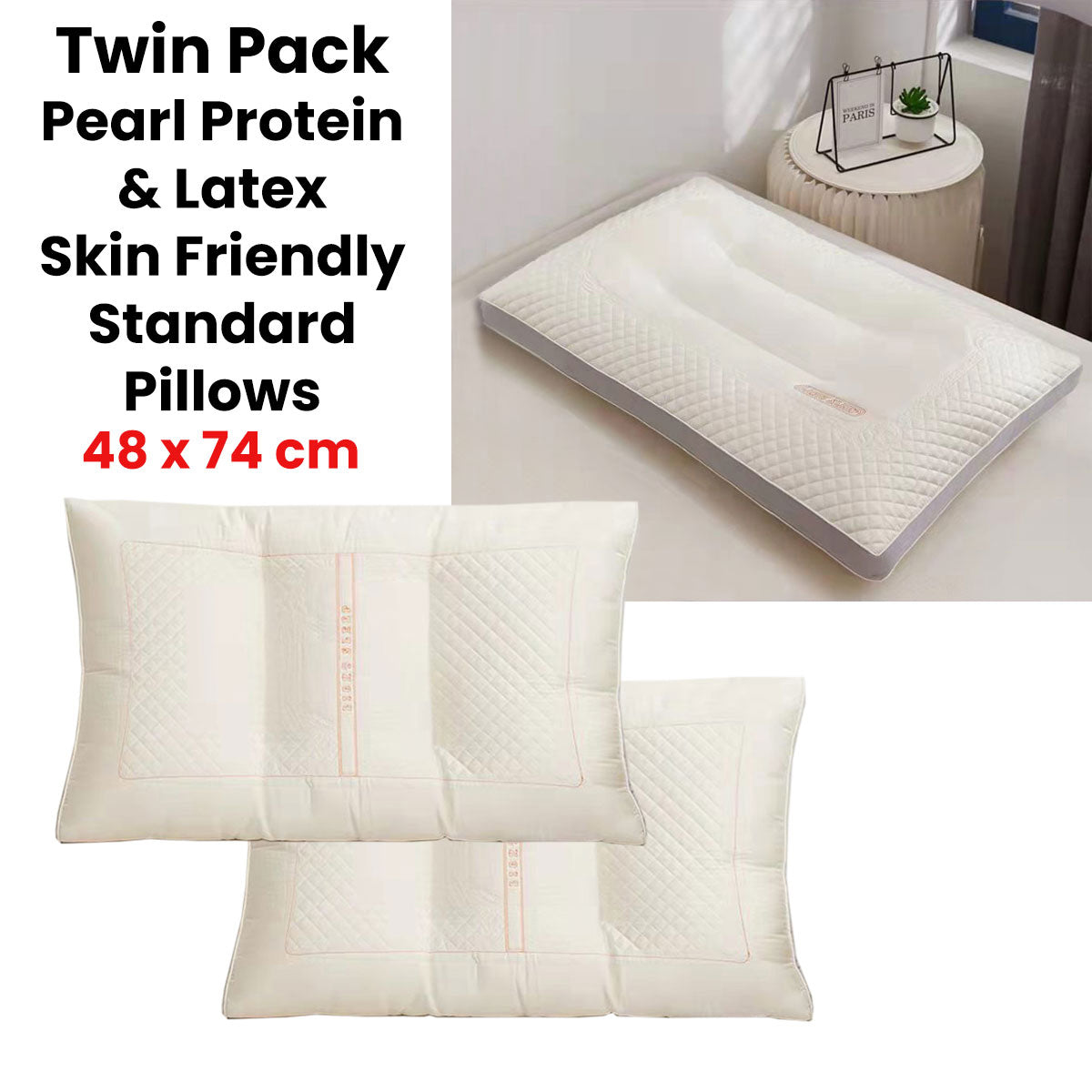 Twin Pack Pearl Protein & Latex Skin Friendly Standard Pillows 48 x 74 cm Dust Mite Allergy Solutions