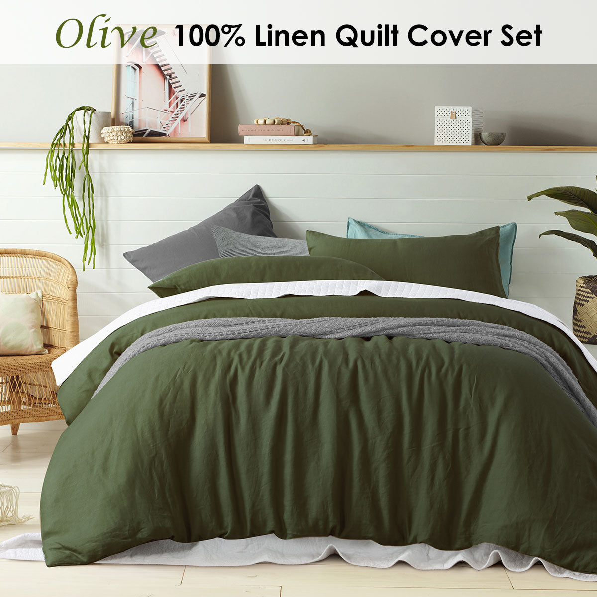 100% Linen Quilt Cover Set I Olive I King