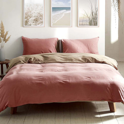 100% Washed Cotton Quilt Set Pink Brown -  Double